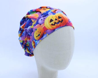 Celestial Pumpkins on Ribbed Double Brushed Poly in a Bouffant Style Scrub Cap