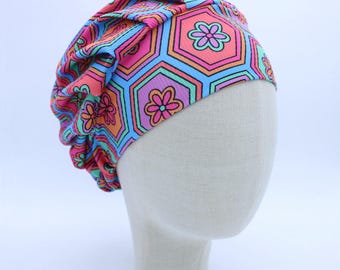 Geometric Floral on Ribbed Double Brushed Poly in a Bouffant Style Scrub Cap