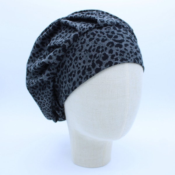 Black Cheetah on Charcoal Jersey Knit in a Bouffant-Style Scrub Cap