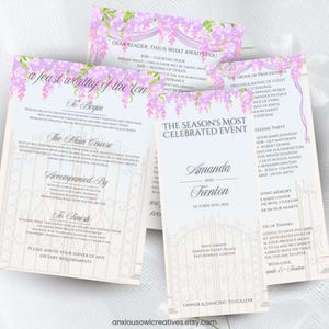 May include: Elegant wedding menu cards with a floral design. The cards feature the text "a feast worthy of the ton" and "The Season's Most Celebrated Event". The design includes lavender flowers and decorative borders.