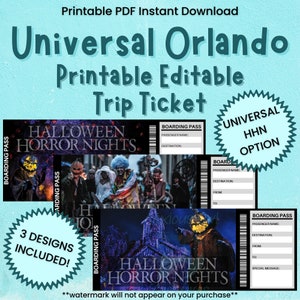 Boleto de regalo de viaje sorpresa personalizable de Universal Studios, pase de abordar imprimible, entrada de vacaciones editable, Halloween Horror Nights