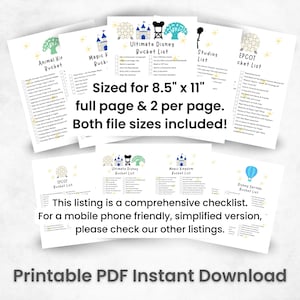 Disney World Orlando printable bucket list checklist pages sized at 8.5 by 11 inches, full page and two per page formats included. Covers Magic Kingdom, Animal Kingdom, Hollywood Studios, EPCOT, and Disney Springs. Comprehensive ride and attraction checklist PDF instant download. Mobile friendly version available separately.