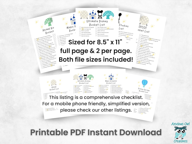 Disney World Orlando printable bucket list checklist pages sized at 8.5 by 11 inches, full page and two per page formats included. Covers Magic Kingdom, Animal Kingdom, Hollywood Studios, EPCOT, and Disney Springs. Comprehensive ride and attraction checklist PDF instant download. Mobile friendly version available separately.