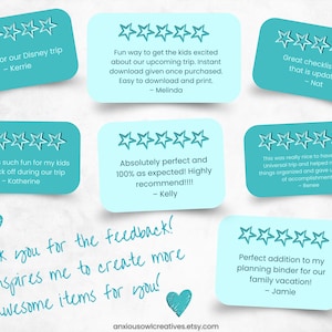 Customer review highlights with star ratings and feedback about ride and attraction bucket checklists. Testimonial graphic showing positive buyer experiences.