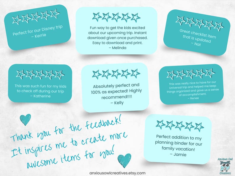 Customer review highlights with star ratings and feedback about ride and attraction bucket checklists. Testimonial graphic showing positive buyer experiences.