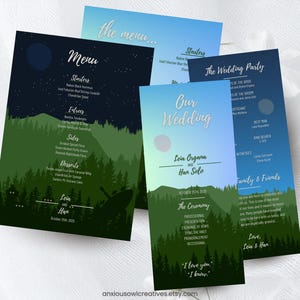 Op Star Wars geïnspireerde bruiloftsprogramma- en menukaartsjabloonset | Bosmaan