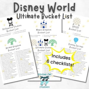 Printable Walt Disney World Ultimate Bucket List PDF showing fanned checklist pages for Magic Kingdom, EPCOT, Hollywood Studios, Animal Kingdom, and Disney Springs. Instant download template with ride and attraction lists.