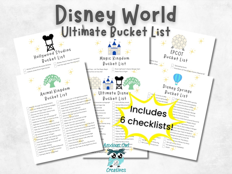Printable Walt Disney World Ultimate Bucket List PDF showing fanned checklist pages for Magic Kingdom, EPCOT, Hollywood Studios, Animal Kingdom, and Disney Springs. Instant download template with ride and attraction lists.