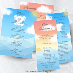 May include: Wedding stationery set featuring a menu, wedding party list, and wedding details. The designs have a sky and ocean theme with clouds, a ship, and the text "Our Wedding".