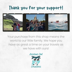 A thank you for your support message with a film strip image depicting family travel photos and a heartfelt message that wishes buyers fun times during travels.