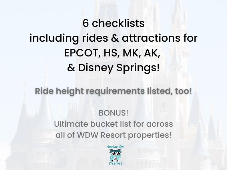 Walt Disney World Orlando Ultimate Bucket List includes all rides and attractions with height requirements for all four parks including Magic Kingdom, Animal Kingdom, EPCOT, Hollywood Studios, and Disney Springs. Bonus Walt Disney World Resort wide checklist included. Printable PDF instant download.