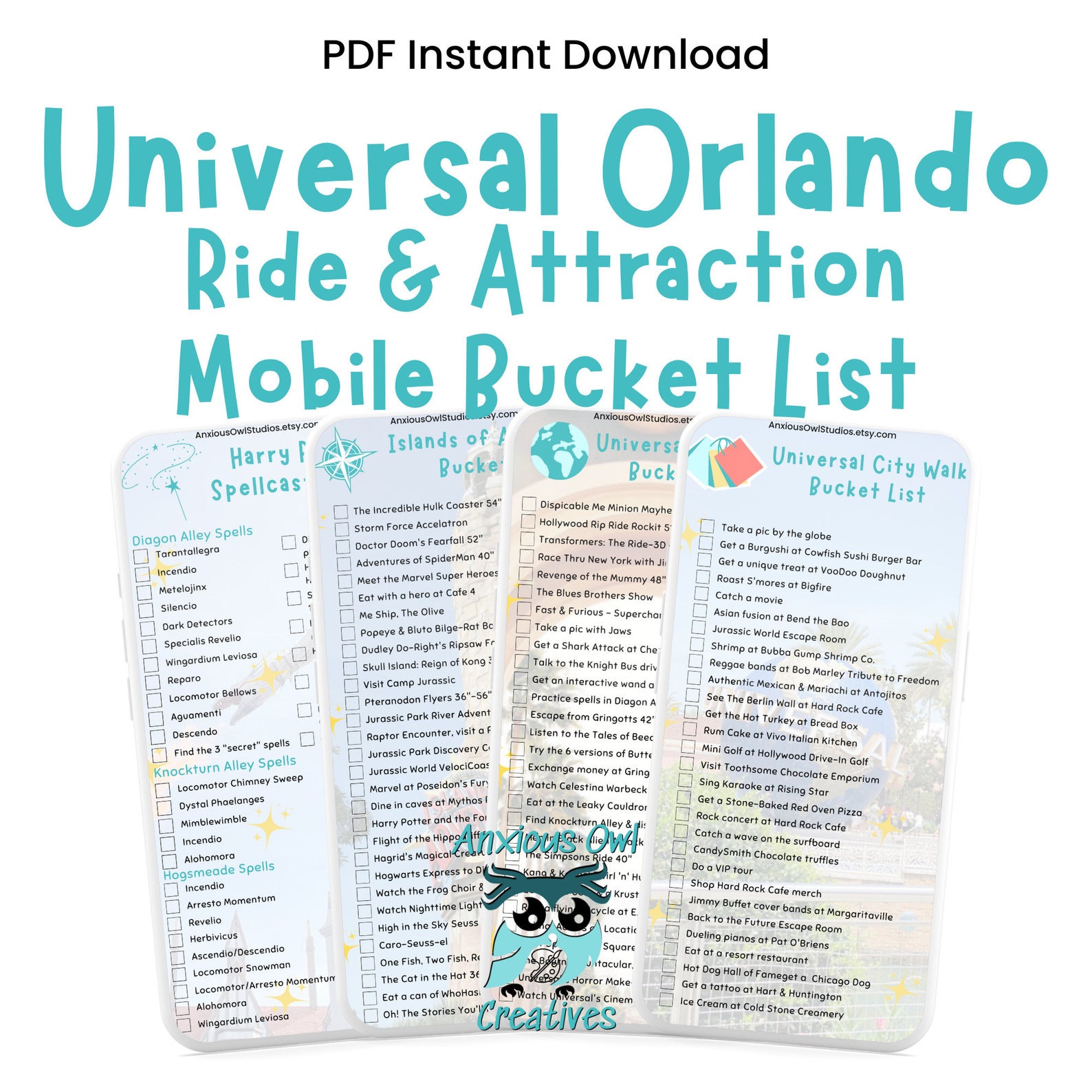 Universal Orlando Mobile Checklist Rides Attractions Updated - Etsy