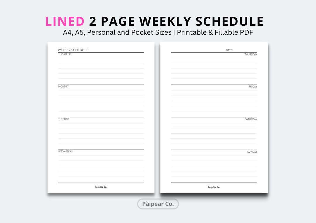 Lined Week on 2 Pages, Monday Commencing, Digital Minimal Weekly ...