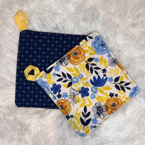 Floral Quilted Potholders: Yellow & Blue Kitchen Gift, Set of 2