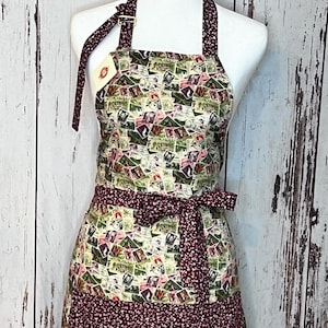 Stamp Print Cotton Apron with Pockets: Adjustable Kitchen Apron