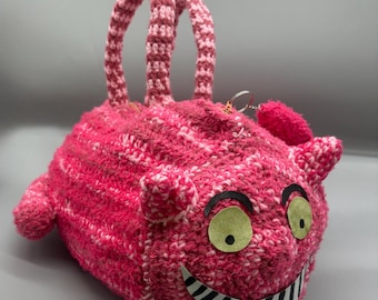Gehaakte Cheshire Cat-tas | Fuzzy Pink Alice in Wonderland-portemonnee met gestreepte voering