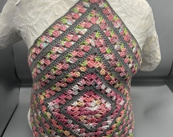 Pink and Grey Crocheted Granny Square Halter Top in Size Medium with Adjustable Straps
