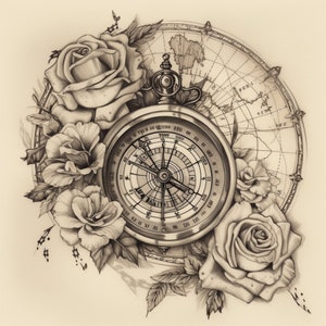 Flower Compass Wall Art, Nautical Compass Map Wall Art, Instant Download