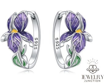 Pendientes de aro con flor de violeta silvestre / Plata de ley S925 / Joyería con flores de febrero / Delicado regalo floral para ella / Joyería botánica
