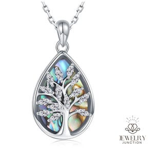 Sterling Silver Tree of Life Necklace with Abalone Shell & Cubic Zirconia – Teardrop Pendant Gift for Her