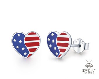 Heart Shape American Flag 925 Sterling Silver Earrings, American Flag Day, Memorial Day Patriotic Earrings, 4th of July Jewelry