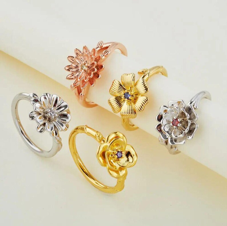 Custom Birth Flower Ring With Birthstone, Sterling Silver 925 Statement ...