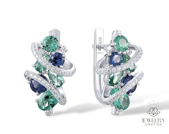 Sparkling Blue Green Spinel White CZ Earrings Charming Fine Jewelry Pure 925 Sterling Silver
