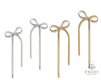 Gold or Silver Bow Tassel Long Earrings for Women's Elegant Statement Dangle Waterfall Ribbon Jewelry