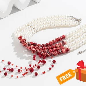 Bloody Pearl Necklace, Vampire Jewelry, Gothic Bloody Necklace, Handmade Bead Choker Necklace, Halloween Horror & Cosplay Jewelry Necklace
