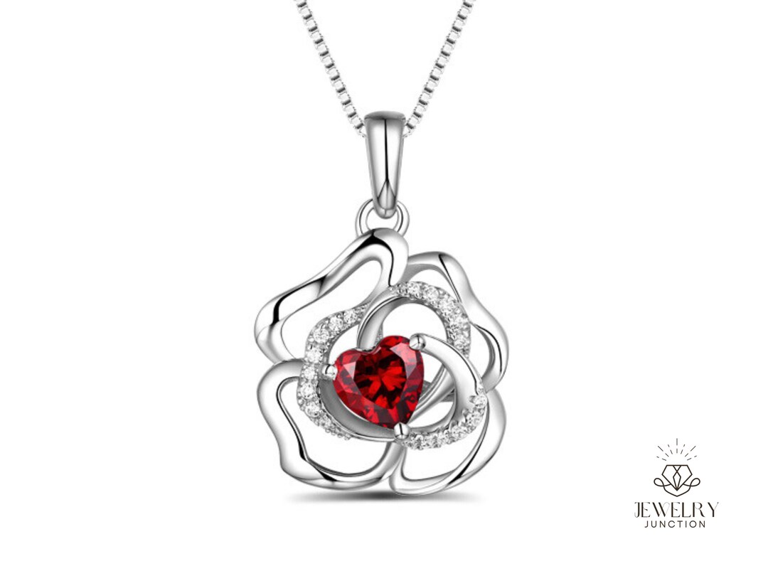 Custom Rose Flower Necklace With Heart Birthstone Sterling Etsy