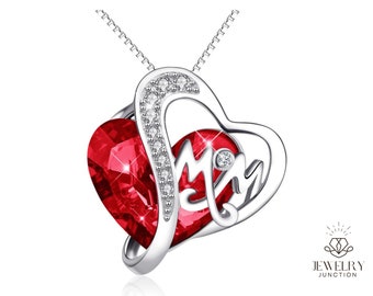 I Love You Mom Crystal Red Heart Pendant 925 Sterling Silver Necklace Mothers Day gift