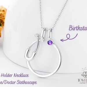 Ring Holder Necklace Nurse Stethoscope, 925 Sterling Silver Ring Holder Necklace, Birthstones Ring Keeper Pendant, Gift for Nurse Doctor