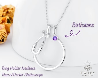 Ring Holder Necklace Nurse Stethoscope, 925 Sterling Silver Ring Holder Necklace, Birthstones Ring Keeper Pendant, Gift for Nurse Doctor
