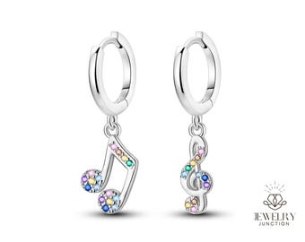 Colored Music Note Hoop Earrings, Back to School Gifts, Music Theme 925 Sterling Silver Earrings