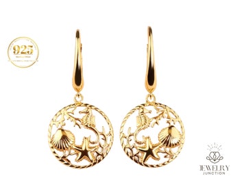 Gold Shell Sea Horse Starfish Summer Earrings for Beach Vacation, Round Dangle Hoop Earrings