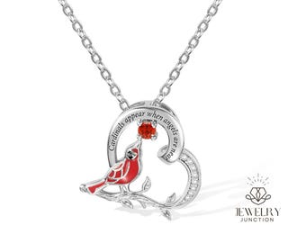 Personalized Cardinal Heart Pendant Sterling Silver Necklace, Healing Necklace, Birthstone Red Cardinal Jewelry