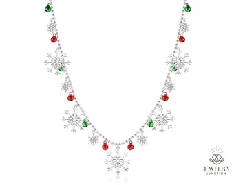 Christmas Snowflake Necklace Long Glitter Snowflake Beaded Charm Necklace JOY Pendant Xmas Holiday Festive Jewelry Necklace