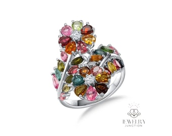 Tourmaline Flower Rings for Women 3.5ct Natural Colorful Gems 925 Sterling Silver Trendy Fine Jewelry Gift for Her