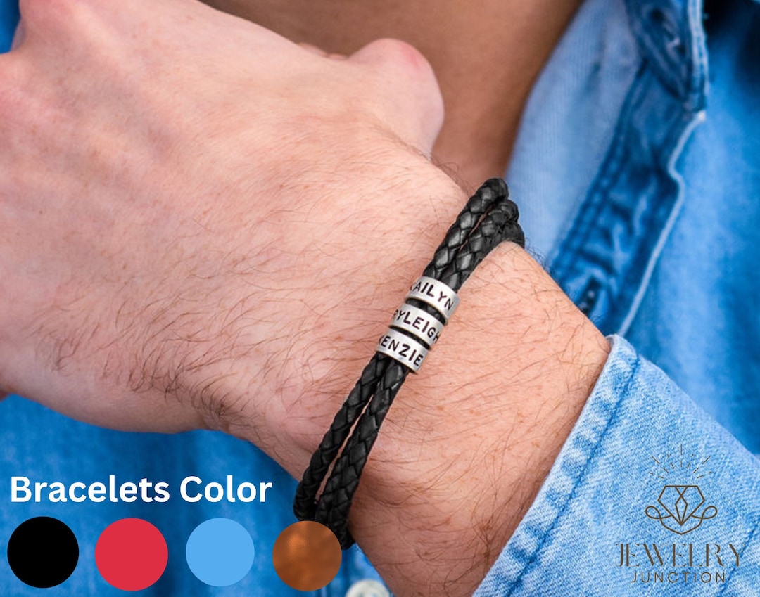 Personalized Bracelets Engraved Names 2 Color Beads Three Braided Leather Male Bangles Stainless Steel Jewerly Gift For Men