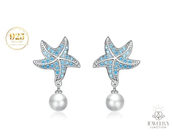 Ocean Starfish Pearl Drop Earrings for Women Blue CZ Zircon 925 Sterling Silver Earrings Summer Beach Pool Jewelry