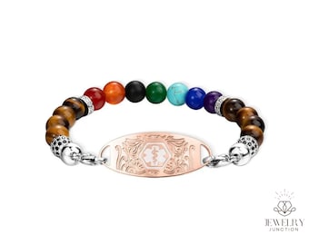 Custom Medical Alert Bracelet with Crystal Stone and 7 Chakras Beaded Emergency Bracelet, Medical Id Engraved Bracelets