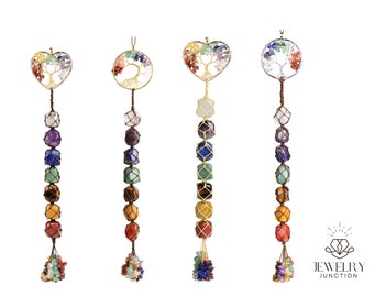 Tree of Life Handmade 7 Chakras Stones Healing Crystals Tree of Life Hanging Ornament for Home Decor Silver or Gold, Heart or Round Shape