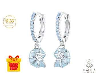 Blue Sea Shell Hoop Dangle Sterling Silver Earrings with Nano Opal Stone For Women