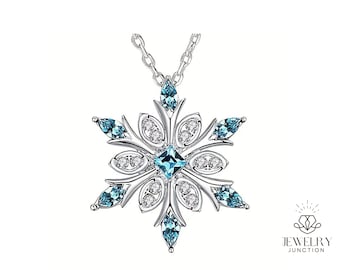 Vintage Blue Snowflake Zircon Sterling Silver Necklace Valentine's Christmas Jewelry Gift for Her