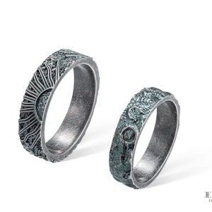 Sun Moon Promise Couple Rings, Sterling Silver Handmade Couple Band Ring Set, Valentine's Day Gifts, Anniversary Rings