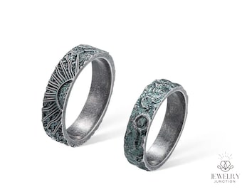 Sun Moon Promise Couple Rings, Sterling Silver Handmade Couple Band Ring Set, Valentine's Day Gifts, Anniversary Rings