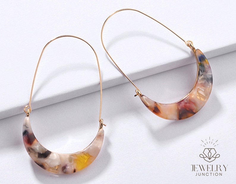 Crescent Moon Resin Earrings, Geometric Hoop Earring, Celluloid Hoop, Gift For Her, Statement Resin Earring, Modern Semicircle Hoop Earring image 1