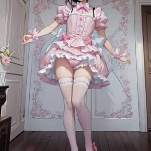 May include: A pink maid-style dress featuring a ruffled skirt, a bodice with a white bow, and short puff sleeves. The outfit includes a matching headband, white thigh-high stockings, and pink Mary Jane shoes, creating a coordinated ensemble.
