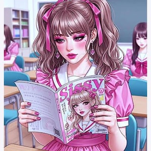 Peut inclure: Une illustration d'une personne aux cheveux bruns en couettes avec des nœuds roses, portant une robe rose à col blanc, lisant un magazine intitulé Sissy qui présente l'illustration d'une personne aux cheveux similaires et en robe rose.