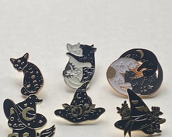 Astrology Spooky Black Cat Witch Pin Brooches